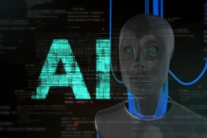 Dirbtinio intelekto koncepcija: roboto veidas ir AI tekstas technologiniame fone.