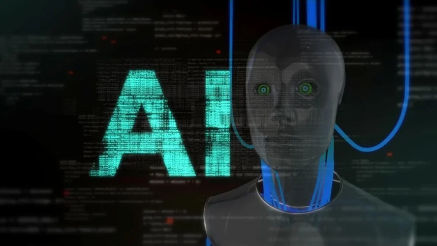 Dirbtinio intelekto koncepcija: roboto veidas ir AI tekstas technologiniame fone.