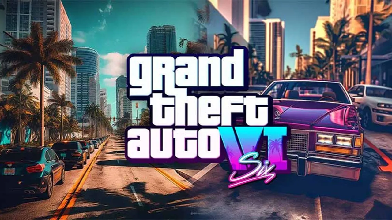 Žaidimo „Grand Theft Auto VI“ logotipas su miesto panorama, palmėmis ir klasikine mašina.