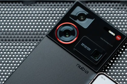 Close-up of a Nubia smartphone featuring a dual-camera system on a textured surface.