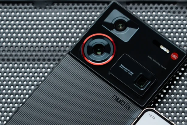 Close-up of a Nubia smartphone featuring a dual-camera system on a textured surface.