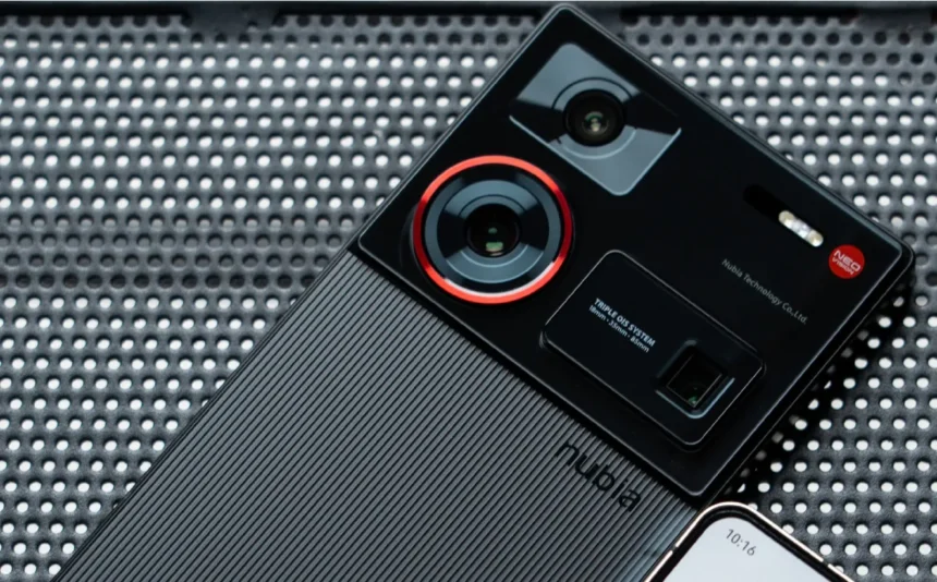 Close-up of a Nubia smartphone featuring a dual-camera system on a textured surface.