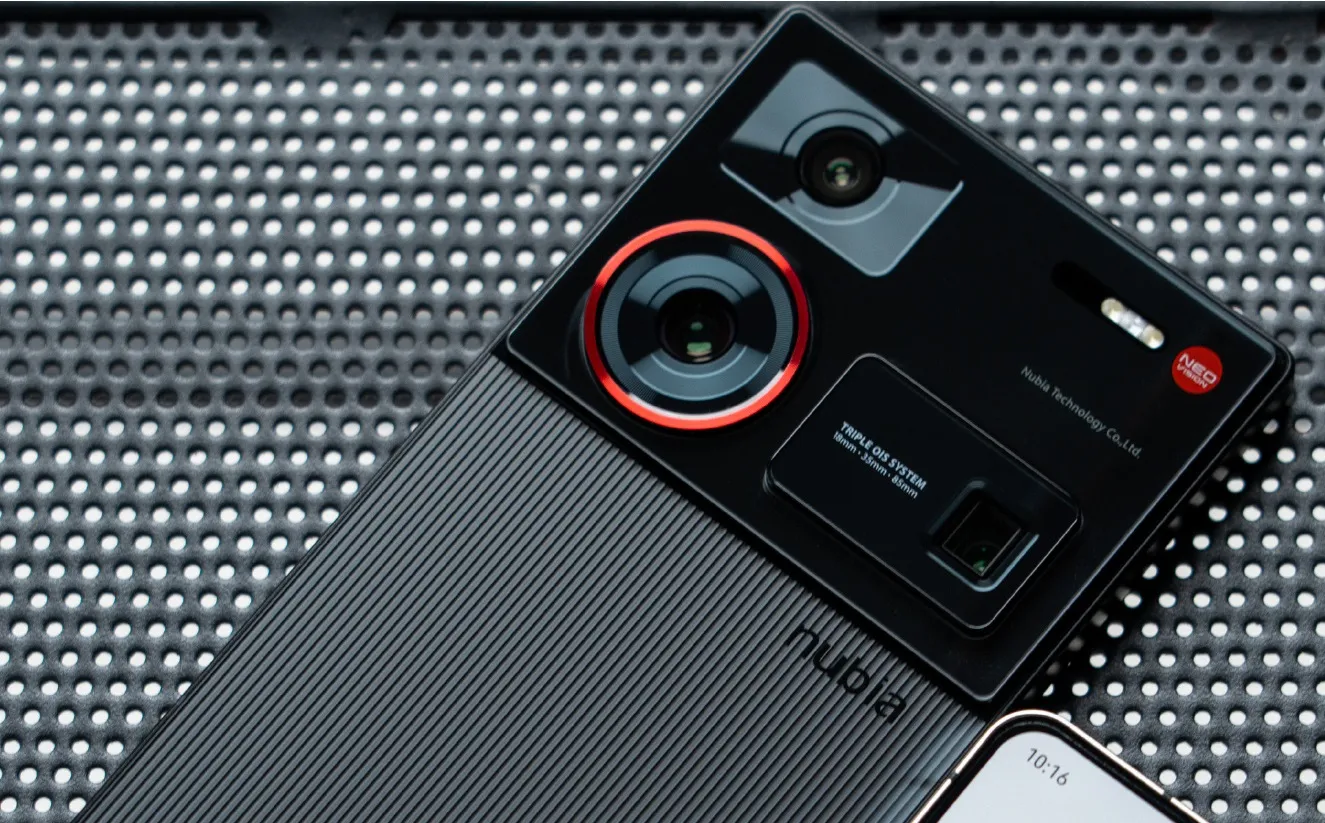 Close-up of a Nubia smartphone featuring a dual-camera system on a textured surface.