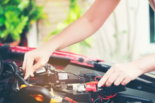 Asmuo tikrina automobilio akumuliatorių po atidarytu kapotu. Automobilio priežiūra ir techninė apžiūra.
