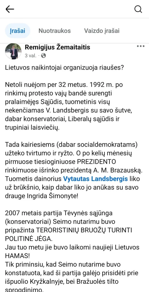 R. Žemaitaičio įrašas Facebook / Ekrano kopija