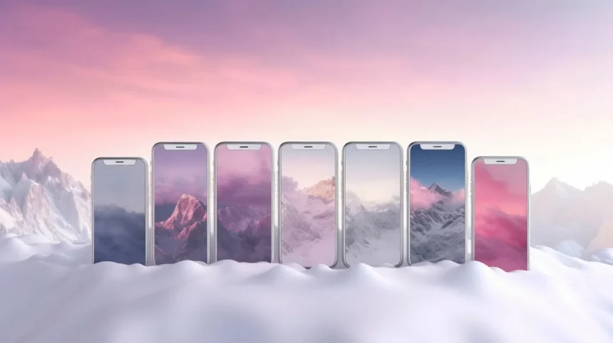 Septyni išmanieji telefonai stovi snieguotame peizaže su kalnų ir rožinio dangaus atspindžiais ekranuose.
