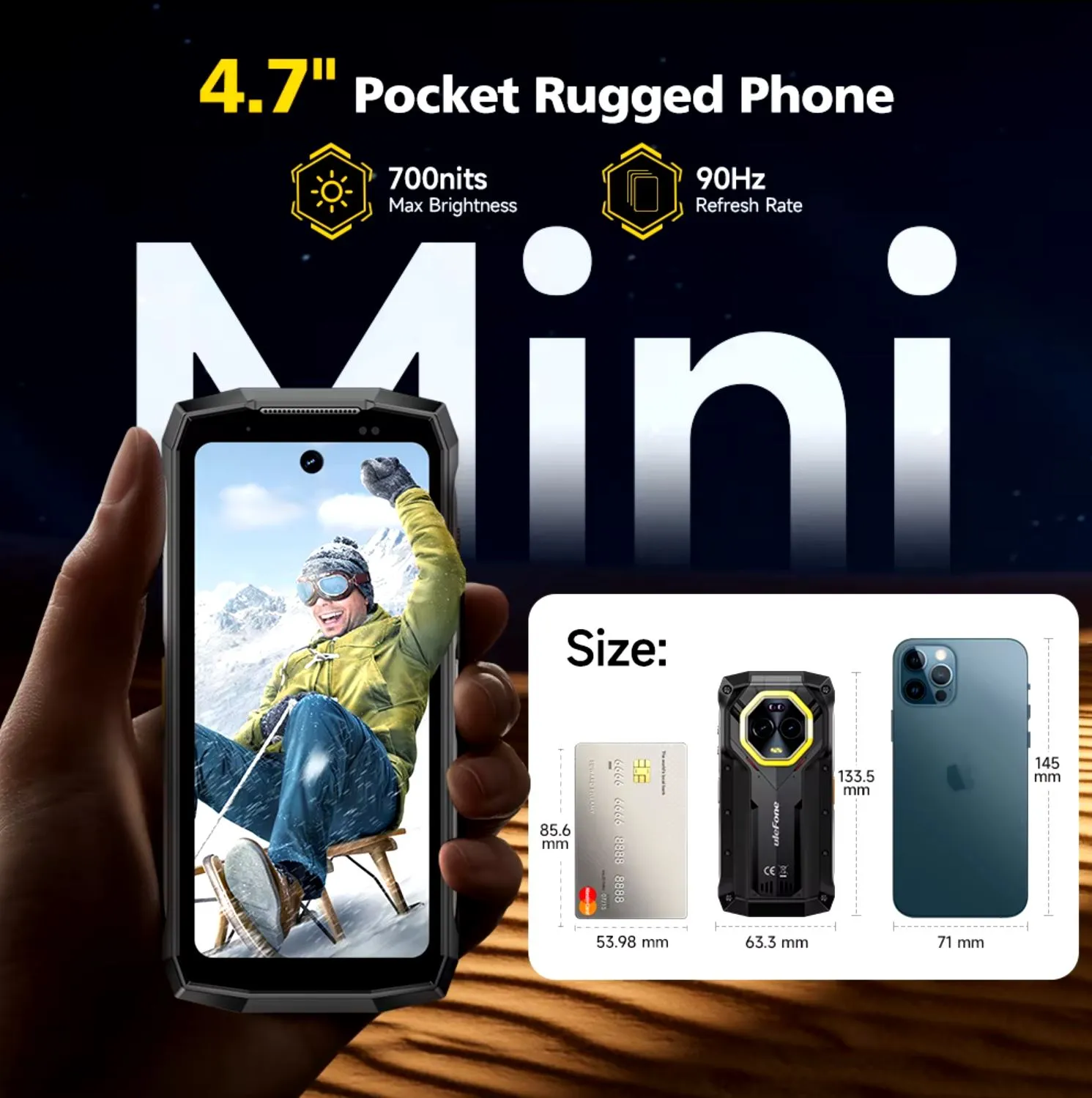 4.7 tvirtas telefonas su 700 nitų ekrano ryškumu, 90 Hz atsinaujinimo dažniu; palyginimas su kredito kortele ir telefonu.