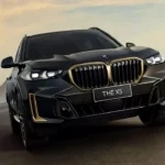 Juodas BMW X5 automobilis važiuoja keliu saulėlydžio fone.