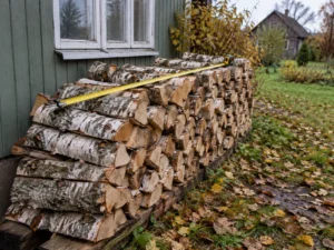 1 birų kubą beržinių malkų sukroviau į rietuvę: išmatavau apie 0,64 m³ sukrauto tūrio