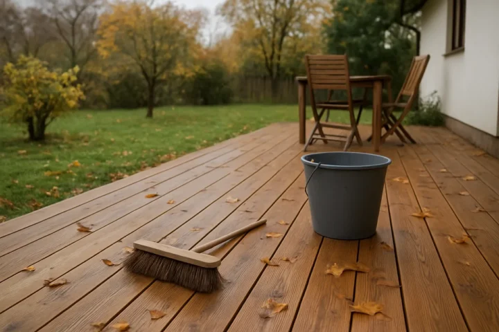 12 m² medinę terasą spalį paruošiau žiemai: lentos liko švarios, o išlaidos siekė 18 eurų