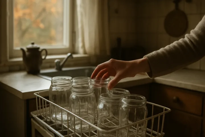 12 uogienių stiklainių be dangtelių sudedu į indaplovę: po ciklo tikrinu lipnumą, ne sterilumą