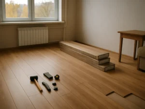 14 m² kambaryje sudėjau 12 pakuočių laminato: atsargos liko, o pagrindo lygumas nulėmė viską