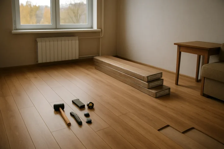 14 m² kambaryje sudėjau 12 pakuočių laminato: atsargos liko, o pagrindo lygumas nulėmė viską