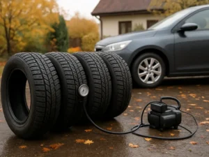 4 žiemines padangas spalį permontuoju pats: po lietaus automobilis stabdo daug ramiau