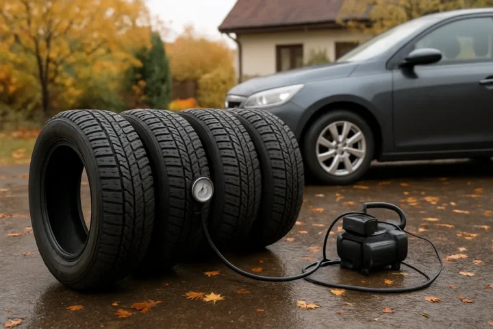 4 žiemines padangas spalį permontuoju pats: po lietaus automobilis stabdo daug ramiau