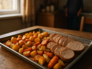 500 g kiaulienos išpjovą kepu su 600 g griežčio: po 35 min. tikrinu, ar kubeliai minkšti, o mėsa sultinga