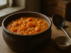 500 g moliūgo ir 180 g raudonųjų lęšių verdu viename puode: tirštas troškinys už maždaug 4,50 €