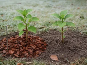 Dvi jaunas hortenzijas lyginu: vieną dengiu 5–8 cm pušų žieve, dirvos šilumą matuoju iki pavasario