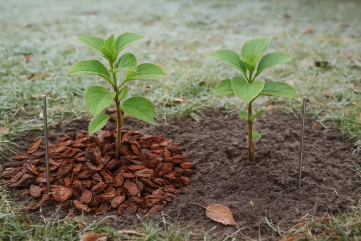 Dvi jaunas hortenzijas lyginu: vieną dengiu 5–8 cm pušų žieve, dirvos šilumą matuoju iki pavasario