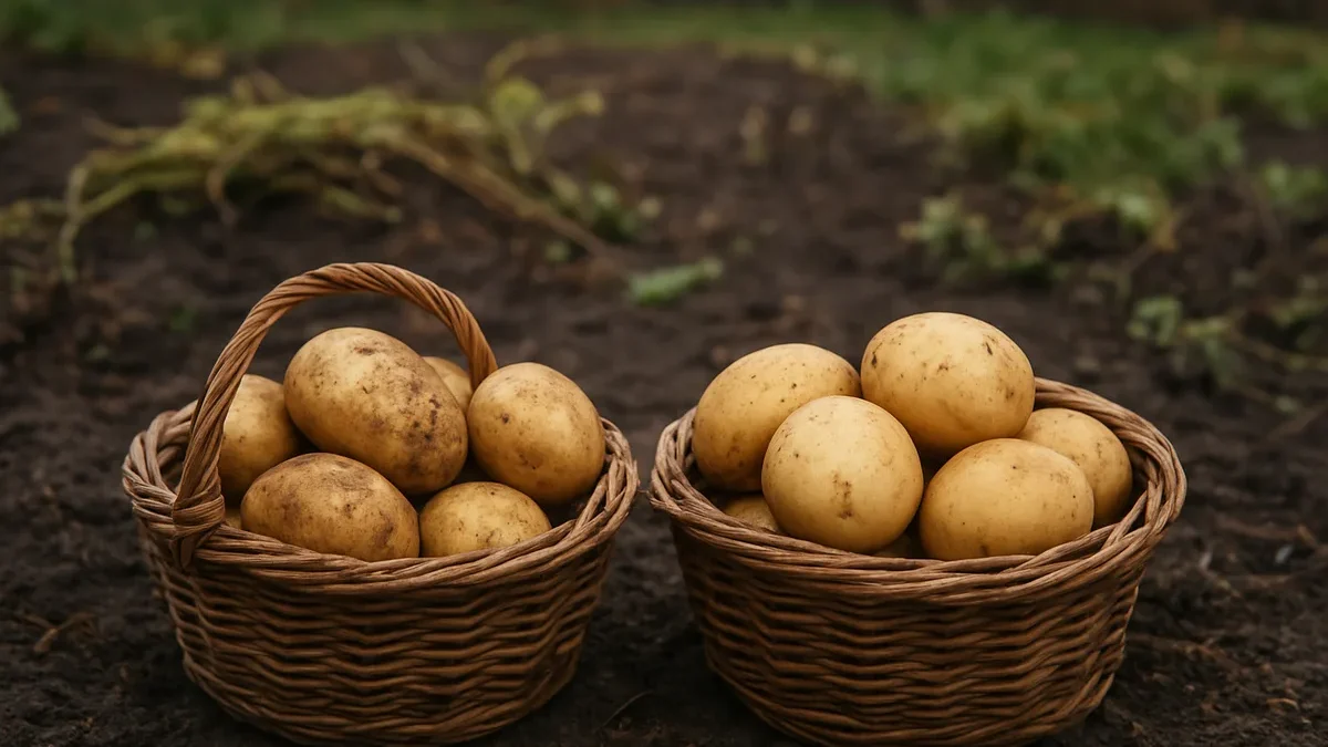Dvi tos pačios bulvių lysvės dalis nukasu skirtingu laiku: po 10 dienų paliktų gumbų lupena tvirtesnė