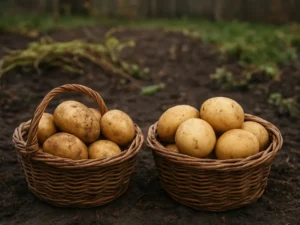 Dvi tos pačios bulvių lysvės dalis nukasu skirtingu laiku: po 10 dienų paliktų gumbų lupena tvirtesnė