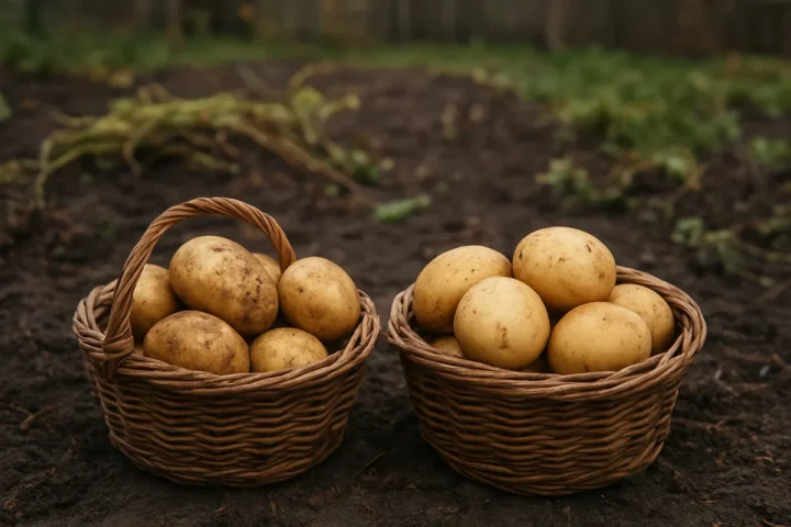 Dvi tos pačios bulvių lysvės dalis nukasu skirtingu laiku: po 10 dienų paliktų gumbų lupena tvirtesnė