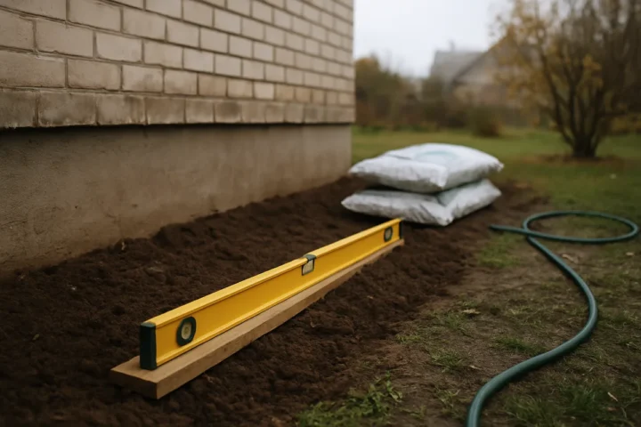 Gulsčiuku patikrinau 3 m grunto juostą prie pamato: 20 € grunto pakako, kad vanduo tekėtų nuo sienos