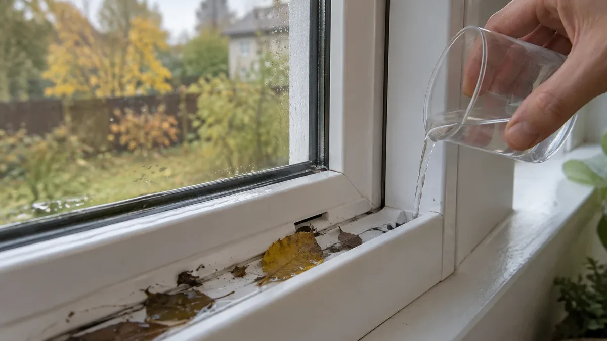 Į lango rėmo nutekėjimo angas lėtai įpilu 50 ml vandens: patikrinu, ar jis išteka į lauką