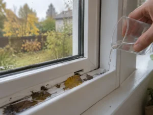 Į lango rėmo nutekėjimo angas lėtai įpilu 50 ml vandens: patikrinu, ar jis išteka į lauką