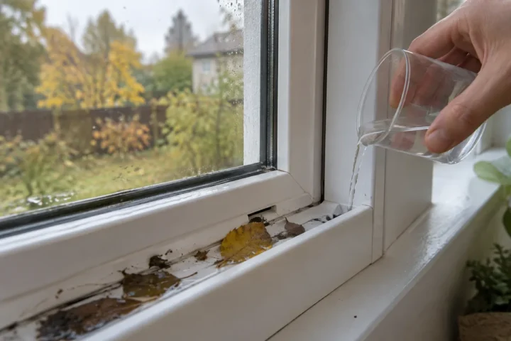 Į lango rėmo nutekėjimo angas lėtai įpilu 50 ml vandens: patikrinu, ar jis išteka į lauką