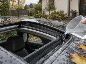Į panoraminio stogo lataką įpilu 50 ml vandens: per kelias minutes pamatau, ar jis nuteka lauk