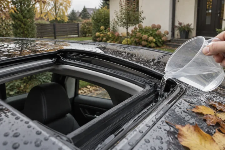 Į panoraminio stogo lataką įpilu 50 ml vandens: per kelias minutes pamatau, ar jis nuteka lauk