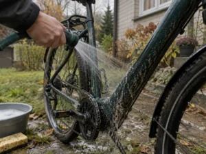 Po lietaus aptaškyto dviračio rėmą plaunu šiltu vandeniu su 3 lašais augalinio muilo: dažai lieka švarūs