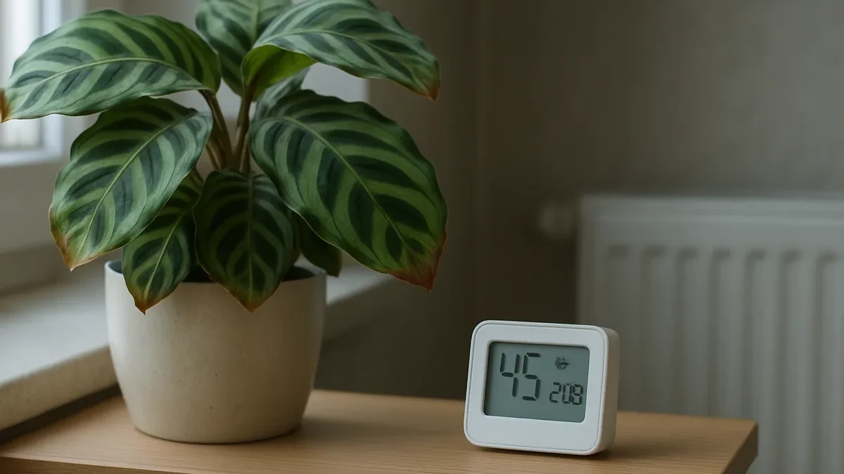 Prie kalatėjos pastatau 12 € higrometrą ir savaitę stebiu, ar žemiau 40 proc. ima ruduoti lapai