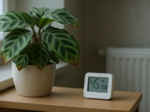 Prie kalatėjos pastatau 12 € higrometrą ir savaitę stebiu, ar žemiau 40 proc. ima ruduoti lapai