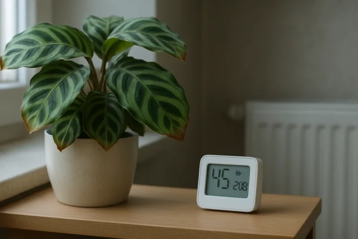 Prie kalatėjos pastatau 12 € higrometrą ir savaitę stebiu, ar žemiau 40 proc. ima ruduoti lapai