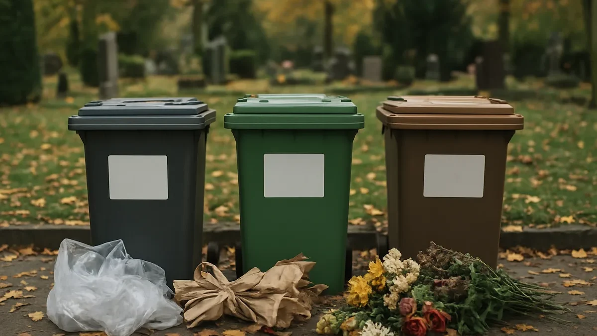 Prie kapinių gėlių pakuotes rūšiuoju pagal ženklus: plastiko plėvelė ne visada keliauja į tą patį konteinerį