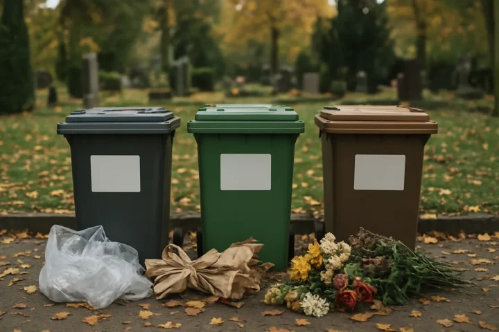 Prie kapinių gėlių pakuotes rūšiuoju pagal ženklus: plastiko plėvelė ne visada keliauja į tą patį konteinerį