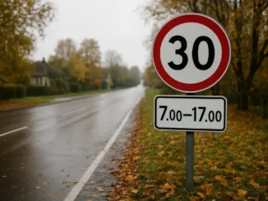Prie mokyklos nufotografuoju 2 ženklus ir užsirašau jų laiką: greičio nebesirenku iš įpročio