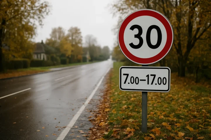 Prie mokyklos nufotografuoju 2 ženklus ir užsirašau jų laiką: greičio nebesirenku iš įpročio