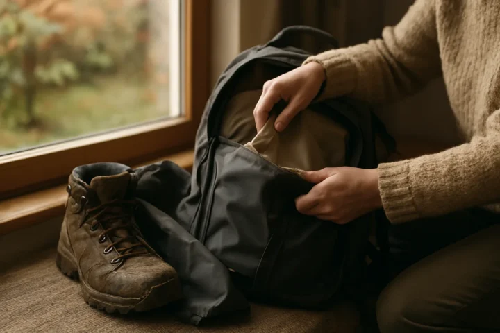 Purvinus batus po šlapio miško sudėjau į 12 € neperšlampamą maišelį: kuprinė liko sausa