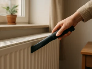 Radiatoriaus tarpelius prieš šildymą išsiurbiu siauru antgaliu: įšilus kambaryje nebesklinda dulkių kvapas