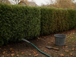 Tujų gyvatvorę padalijau į dvi atkarpas: vieną palaistau 10 litrų metrui, po paros tikrinu 10 cm gylyje