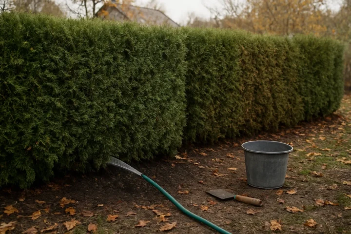 Tujų gyvatvorę padalijau į dvi atkarpas: vieną palaistau 10 litrų metrui, po paros tikrinu 10 cm gylyje