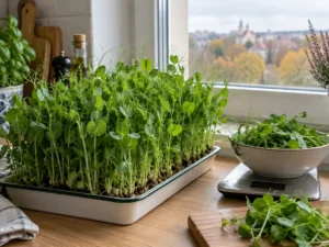 Už 4 € nusipirkau daiginimo žirnių, pasėjau vieną dėžutę: po 12 dienų pasvėriau 186 g žalumynų