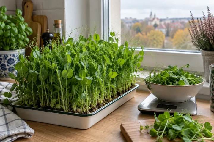 Už 4 € nusipirkau daiginimo žirnių, pasėjau vieną dėžutę: po 12 dienų pasvėriau 186 g žalumynų