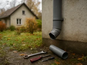 Vieną lietvamzdžio jungtį keičiu nuo žemės: medžiagos kainavo 22 €, stogdengio pasiūlymas – 95 €