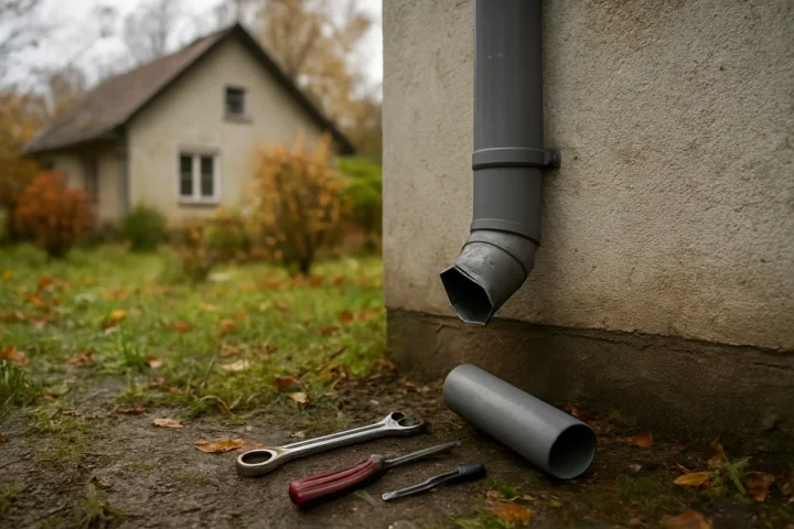 Vieną lietvamzdžio jungtį keičiu nuo žemės: medžiagos kainavo 22 €, stogdengio pasiūlymas – 95 €