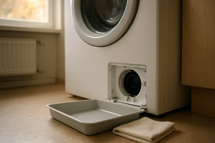 Žemą indą pasidedu po skalbyklės siurblio filtru: surenku vandenį ir patikrinu, ar jis išteka be klaidos